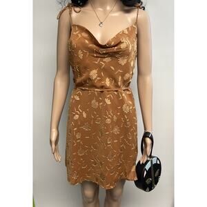 Y2K Style Cowl Neck Mini Dress Large Stain Golden Clubwear Rave Slip Dress